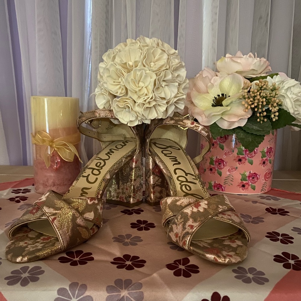 Brand new Sam Edelman brand satin jacquard 3 1/4” heel sandal. Never worn.